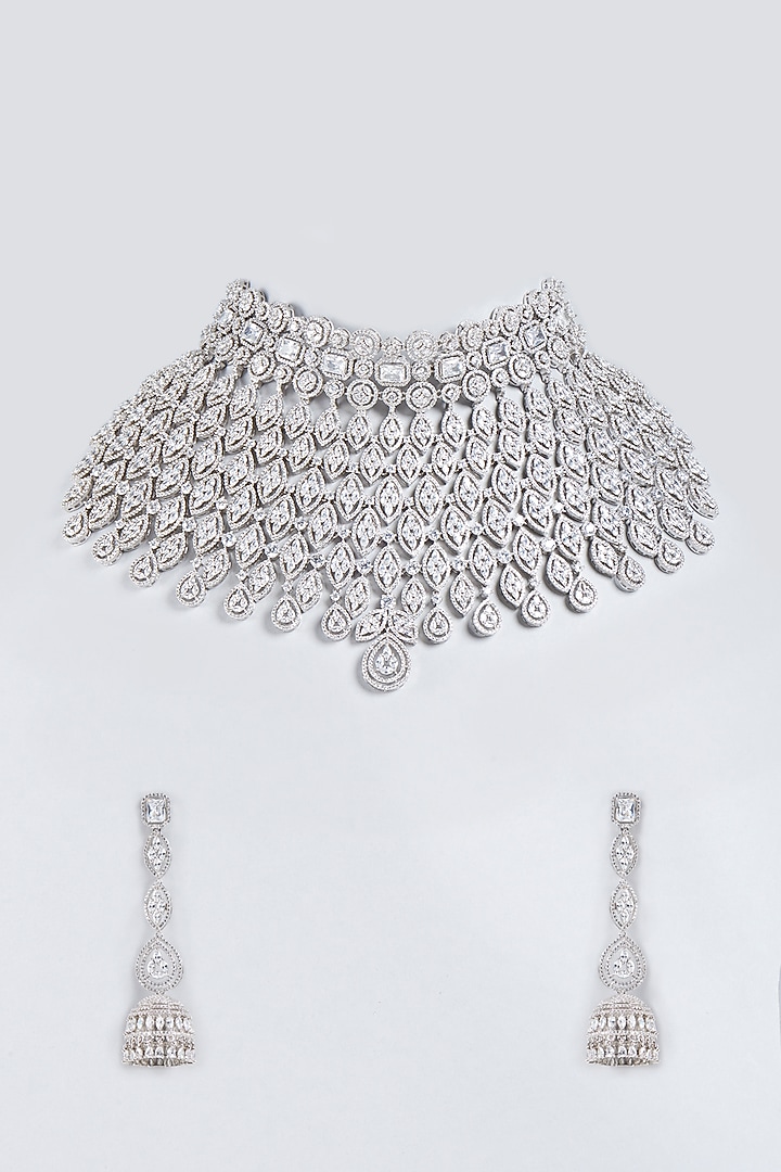 White Finish Zirconia Diamonds Necklace Set by Studio6 Jewels at Pernia's Pop Up Shop