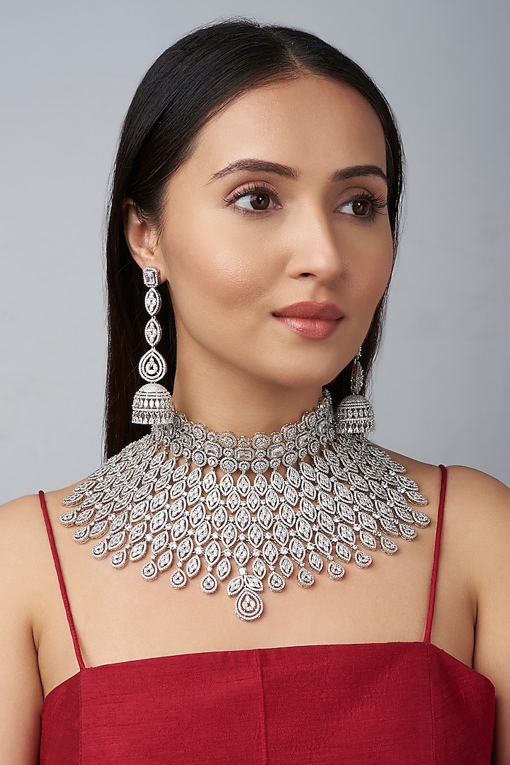 White Finish Zirconia Diamonds Necklace Set by Studio6 Jewels