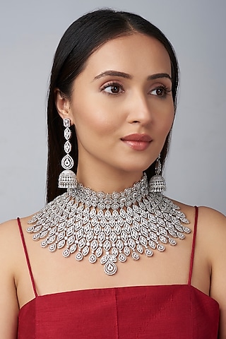 White Finish Zirconia Diamonds Necklace Set by Studio6 Jewels