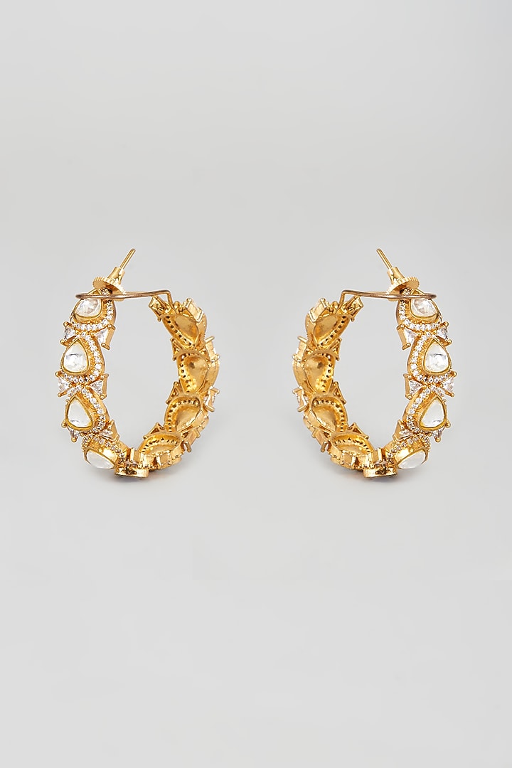 Gold Finish White Kundan Polki Hoop Earrings by Studio6 Jewels at Pernia's Pop Up Shop
