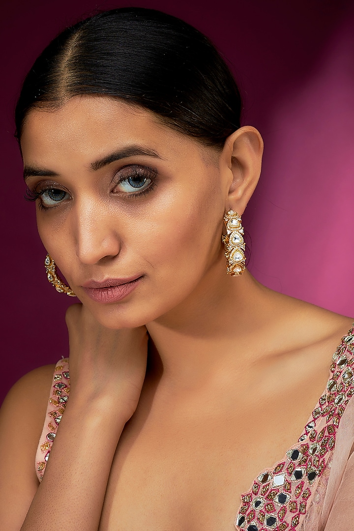 Gold Finish White Kundan Polki Hoop Earrings by Studio6 Jewels at Pernia's Pop Up Shop