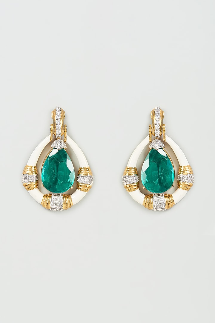 White Finish Emerald & Enameled Dangler Earrings by Studio6 Jewels at Pernia's Pop Up Shop