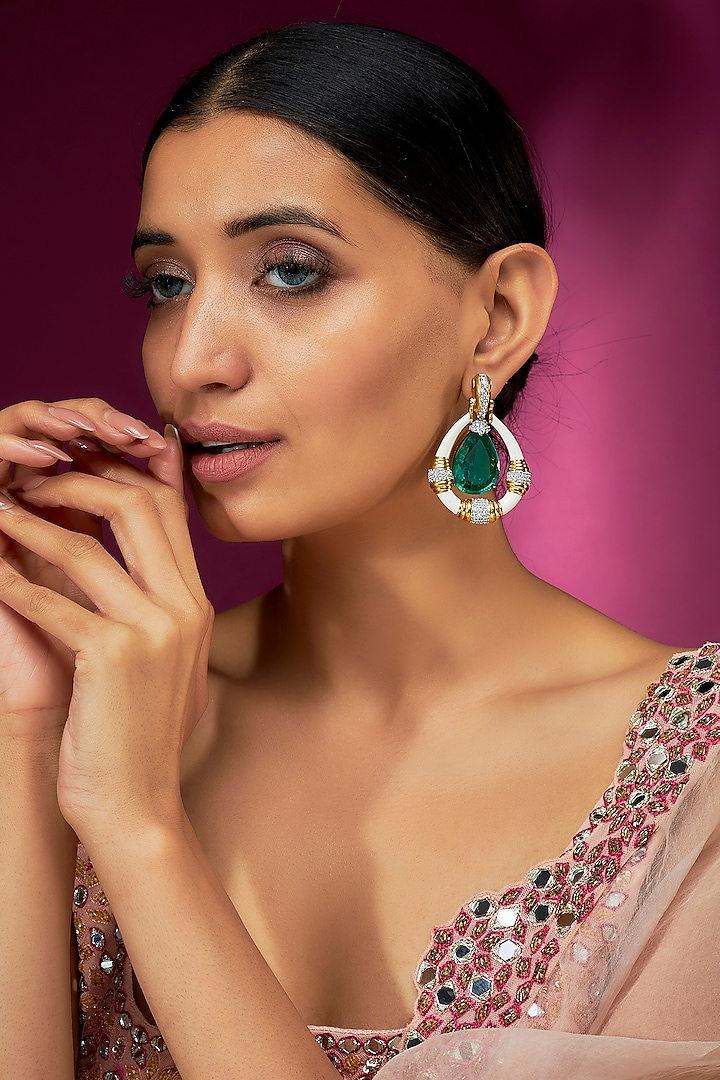 White Finish Emerald & Enameled Dangler Earrings by Studio6 Jewels