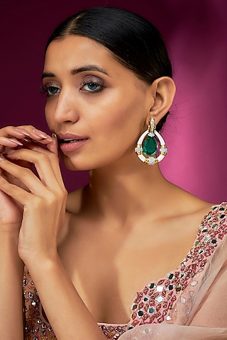 White Finish Emerald & Enameled Dangler Earrings by Studio6 Jewels