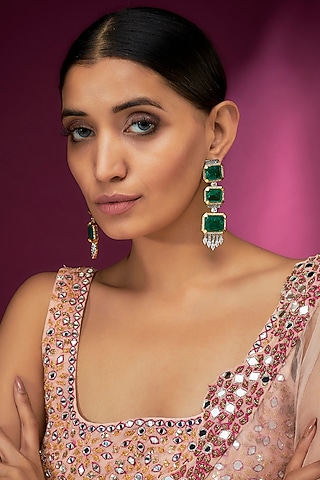 Gold Finish Emerald & Zircon Dangler Earrings by Studio6 Jewels
