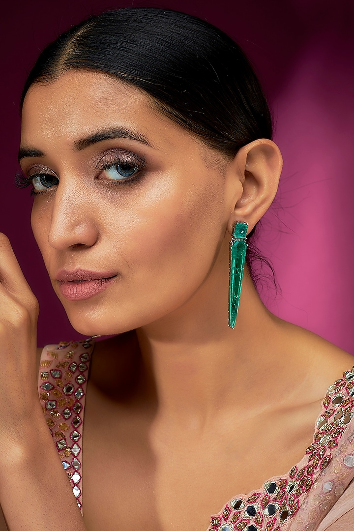 White Finish Emerald Synthetic Stone Stud Earrings by Studio6 Jewels at Pernia's Pop Up Shop