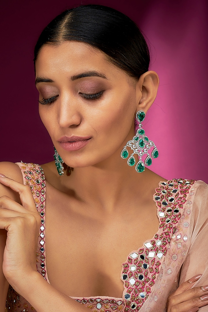 White Finish Emerald Synthetic Stone & Zircon Dangler Earrings by Studio6 Jewels at Pernia's Pop Up Shop