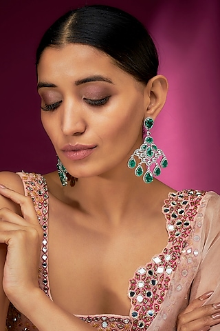White Finish Emerald Synthetic Stone & Zircon Dangler Earrings by Studio6 Jewels