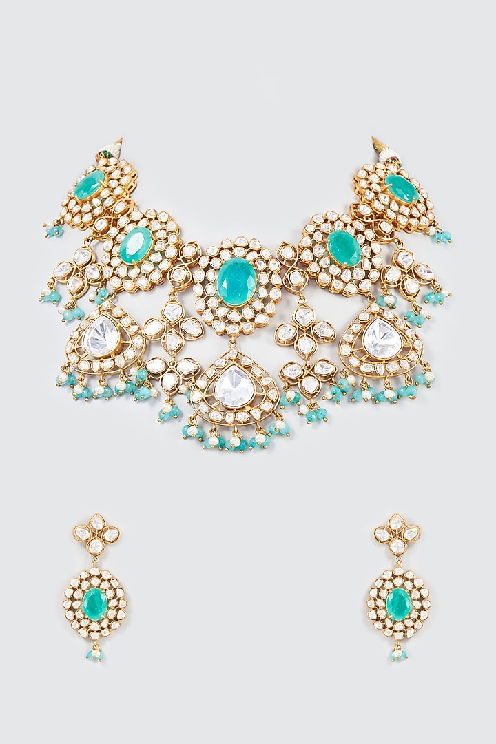 Gold Finish Turquoise Stone & Kundan Polki Necklace Set by Studio6 Jewels at Pernia's Pop Up Shop