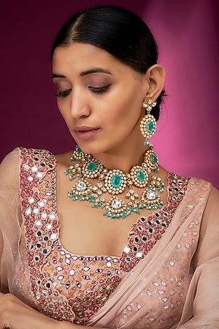 Gold Finish Turquoise Stone & Kundan Polki Necklace Set by Studio6 Jewels