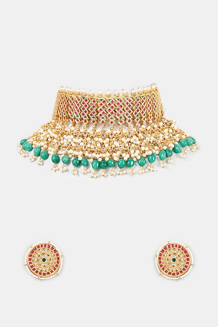 Gold Finish Kundan Polki & Green Beaded Enameled Necklace by Studio6 Jewels at Pernia's Pop Up Shop