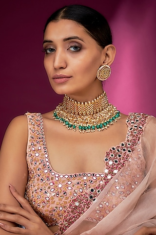 Gold Finish Kundan Polki & Green Beaded Enameled Necklace by Studio6 Jewels