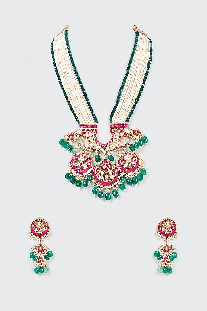 Gold Finish Kundan & Pearl Long Necklace Set by Studio6 Jewels