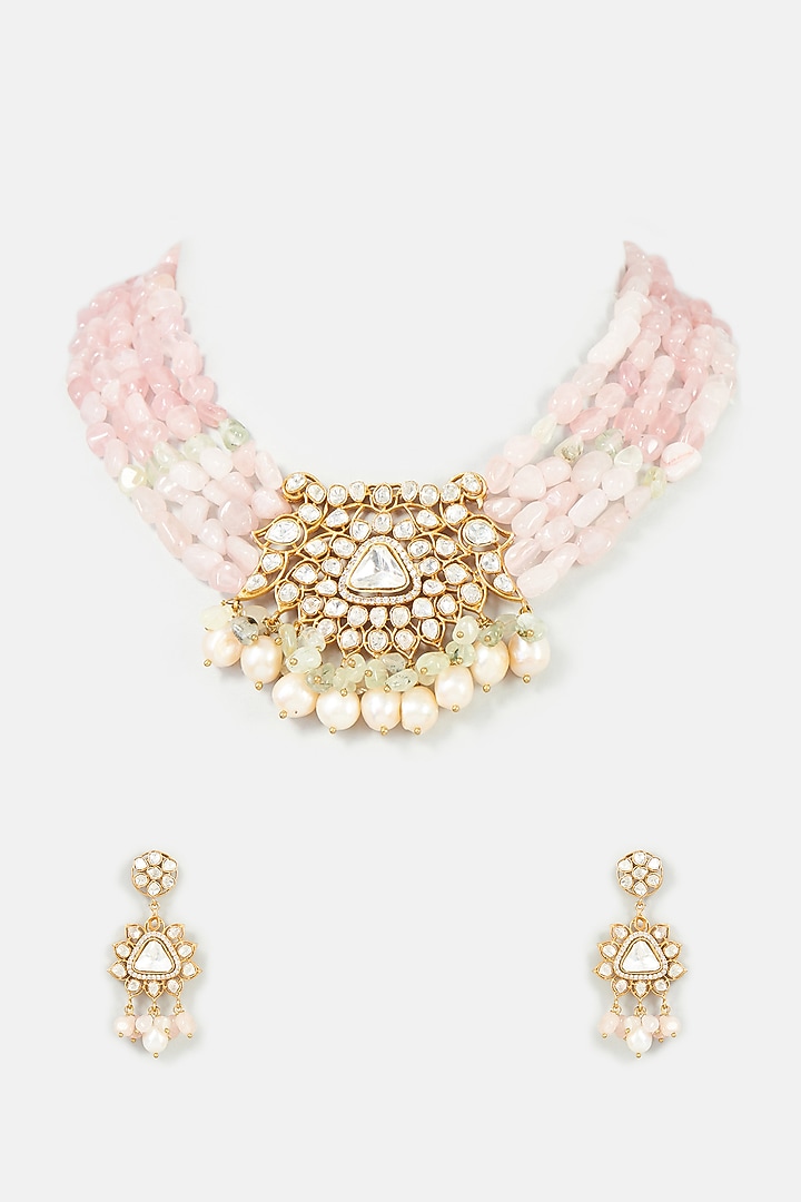 Gold Finish Pink Stone & Kundan Choker Necklace Set by Studio6 Jewels at Pernia's Pop Up Shop