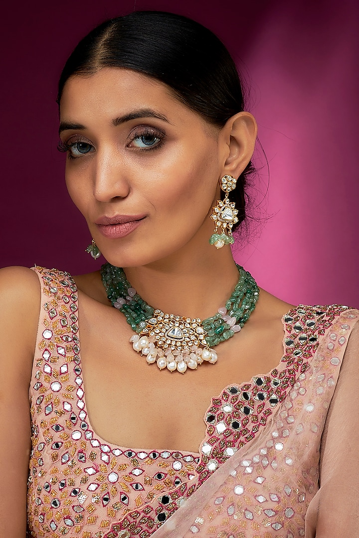 Gold Finish Kundan & Green Jade Stone Choker Necklace Set by Studio6 Jewels