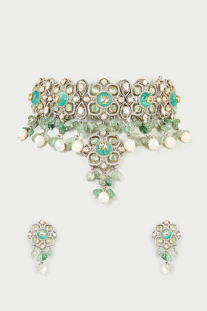 Two Tone Finish Kundan Polki & Blue Stone Choker Necklace Set by Studio6 Jewels at Pernia's Pop Up Shop