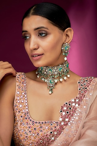 Two Tone Finish Kundan Polki & Blue Stone Choker Necklace Set by Studio6 Jewels