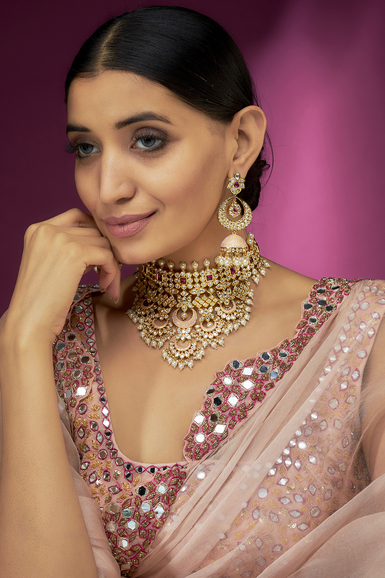 Gold Finish Pink Kundan Polki & Pearl Necklace Set by Studio6 Jewels at Pernia's Pop Up Shop