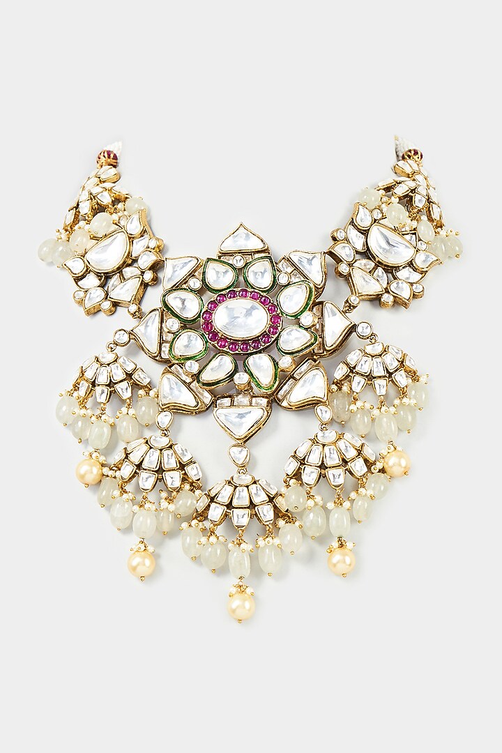 Gold Finish Kundan Polki & Pearl Necklace by Studio6 Jewels at Pernia's Pop Up Shop