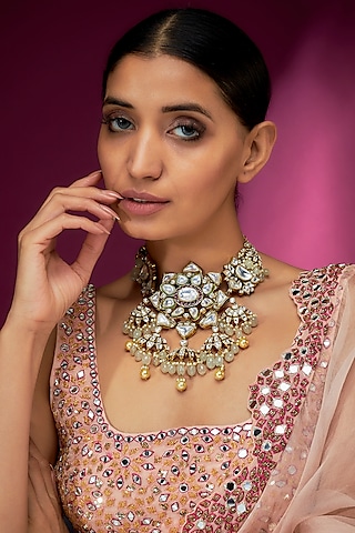 Gold Finish Kundan Polki & Pearl Necklace by Studio6 Jewels