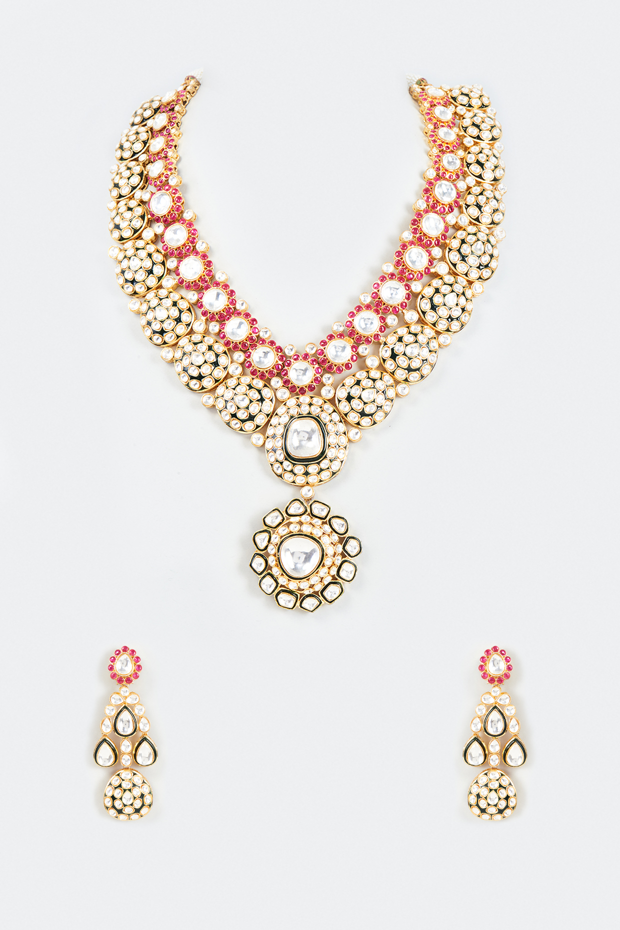 Gold Finish Pink Synthetic Stone Long Necklace Set by Studio6 Jewels at Pernia's Pop Up Shop