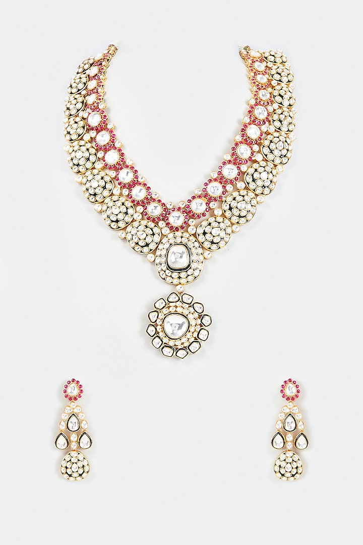 Gold Finish Pink Synthetic Stone Long Necklace Set by Studio6 Jewels at Pernia's Pop Up Shop