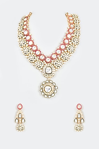 Gold Finish Pink Synthetic Stone Long Necklace Set by Studio6 Jewels
