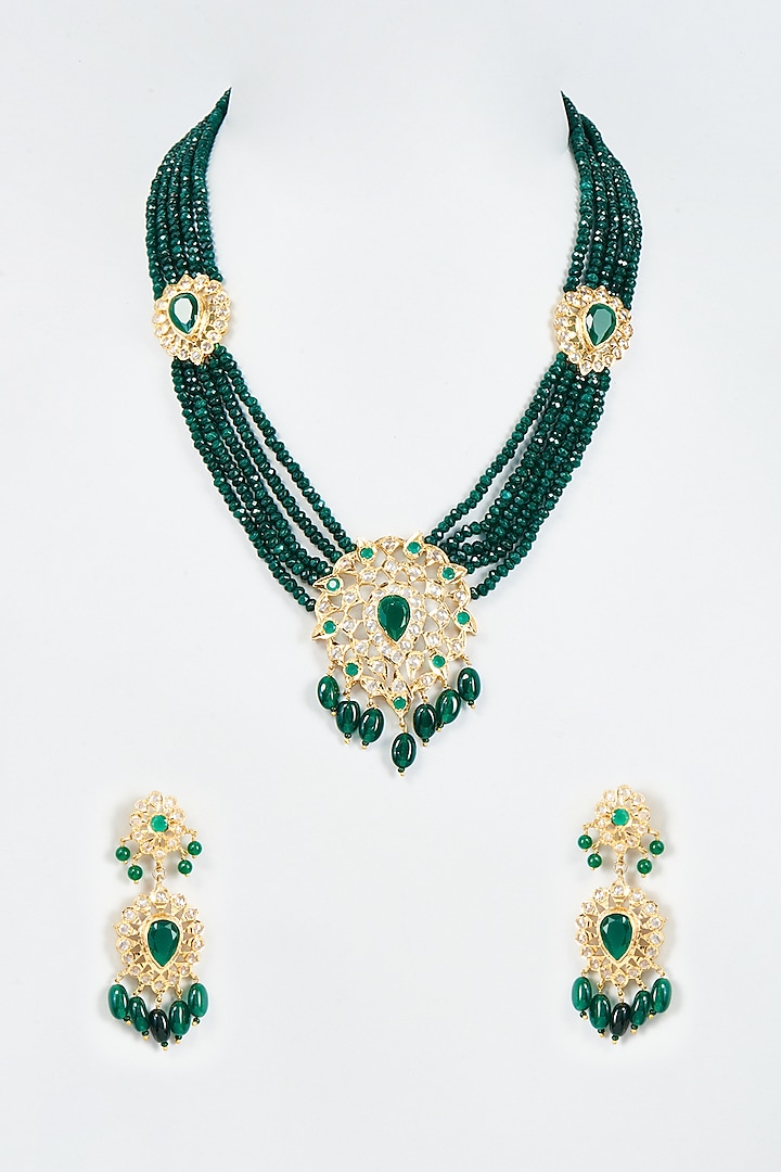 Gold Finish Green Beaded & Kundan Polki Necklace Set by Studio6 Jewels
