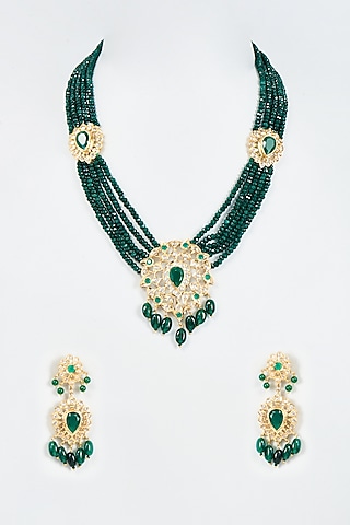 Gold Finish Green Beaded & Kundan Polki Necklace Set by Studio6 Jewels