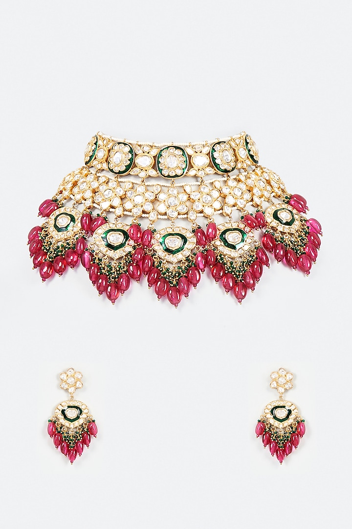 Gold Finish Kundan Polki & Red Beaded Enamelled Necklace Set by Studio6 Jewels