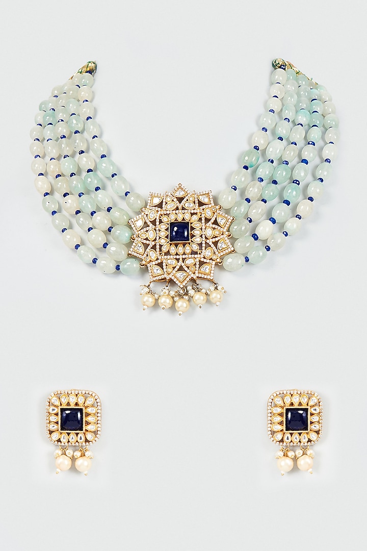 Gold Finish Kundan Polki & Blue Beaded Necklace Set by Studio6 Jewels