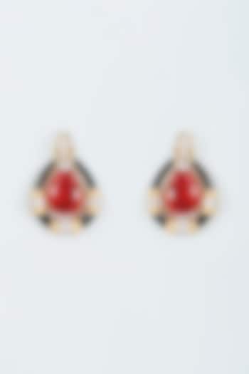 Gold Finish Zircon & Red Stone Enameled Dangler Earrings by Studio6 Jewels at Pernia's Pop Up Shop