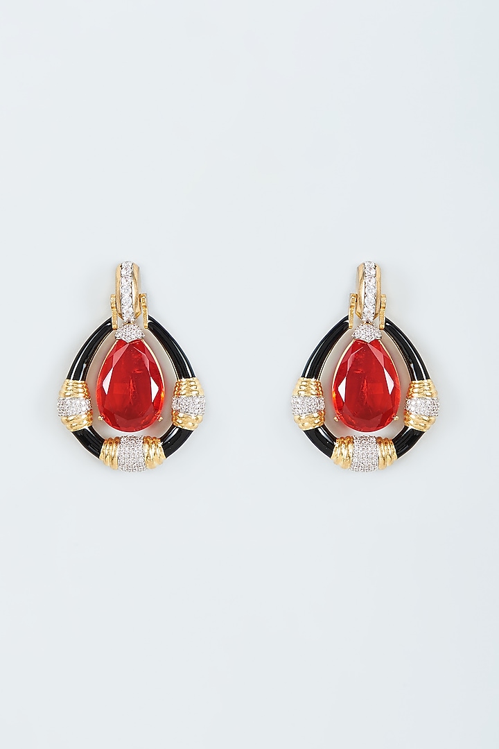 Gold Finish Zircon & Red Stone Enameled Dangler Earrings by Studio6 Jewels at Pernia's Pop Up Shop