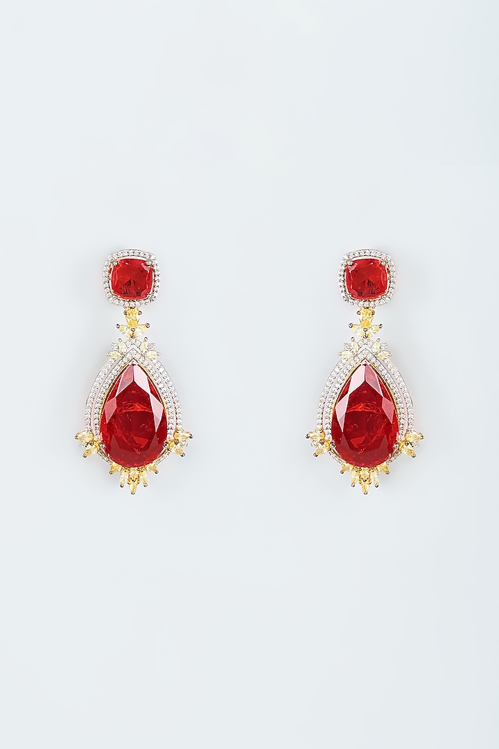 Gold Finish Zircon & Red Stone Dangler Earrings by Studio6 Jewels at Pernia's Pop Up Shop