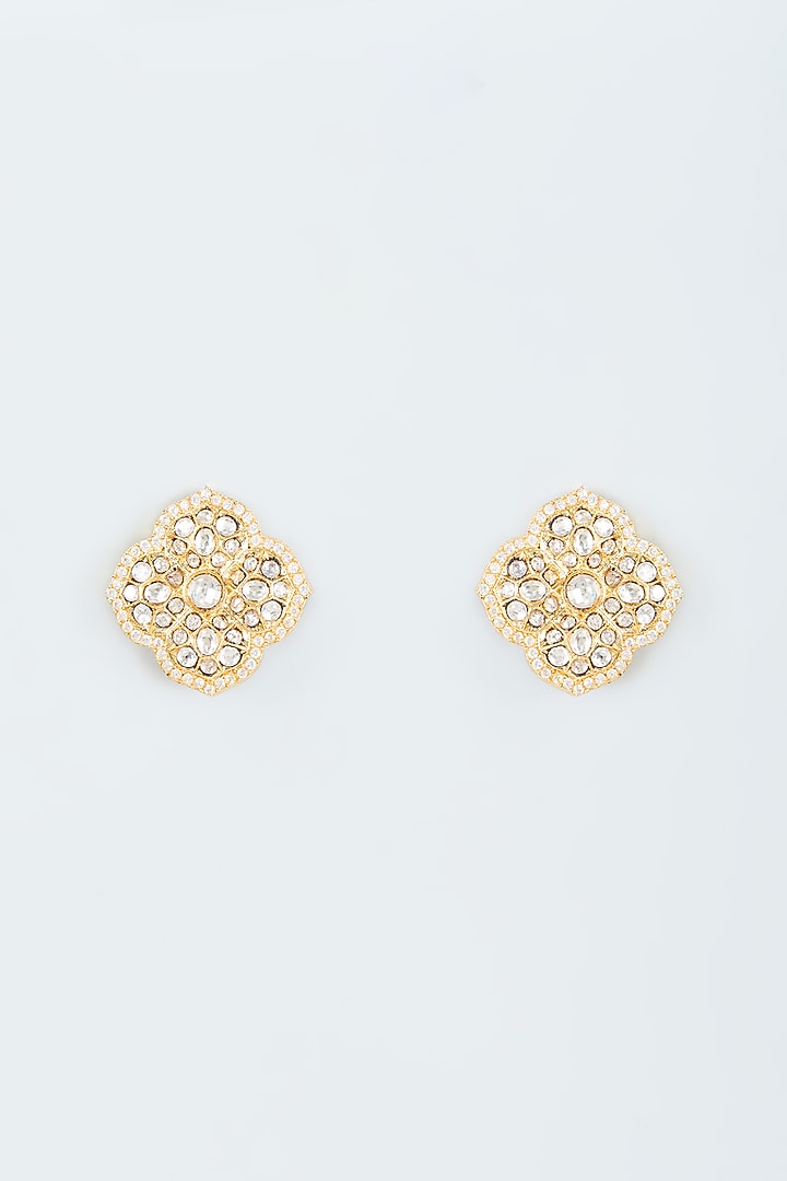 Gold Finish Zircon & Kundan Polki Stud Earrings by Studio6 Jewels at Pernia's Pop Up Shop