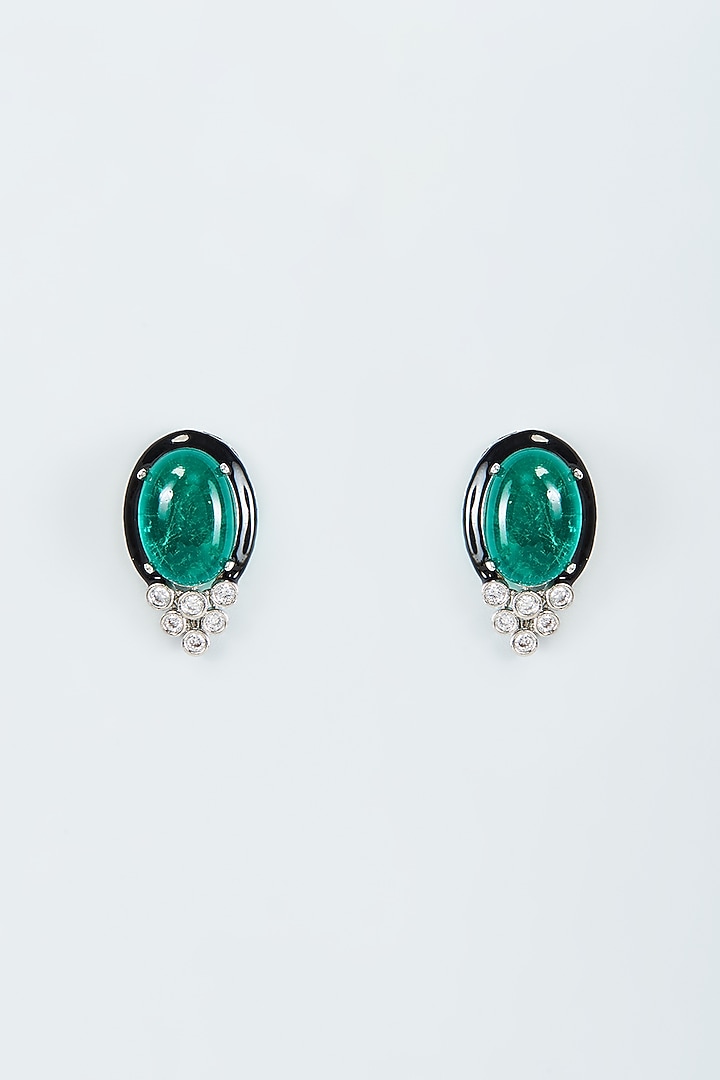 White Finish Zircon & Green Stone Enameled Stud Earrings by Studio6 Jewels at Pernia's Pop Up Shop