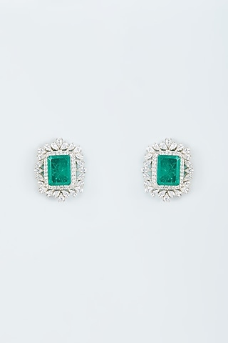 White Finish Zircon & Green Stone Stud Earrings by Studio6 Jewels
