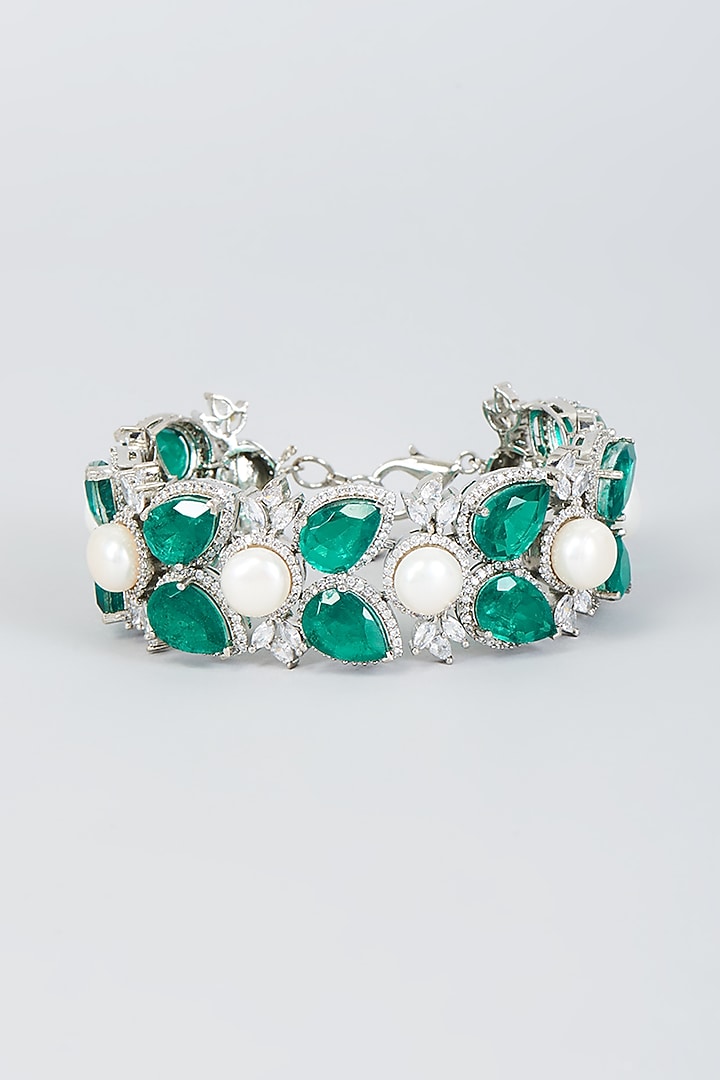 White Finish Zircon & Emerald Stone Bracelet by Studio6 Jewels at Pernia's Pop Up Shop
