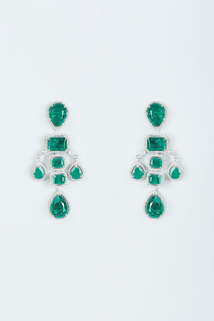 White Finish Zircon & Green Stone Dangler Earrings by Studio6 Jewels at Pernia's Pop Up Shop
