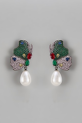 Black Rhodium Finish Zircon & Pearl Drop Dangler Earrings by Studio6 Jewels