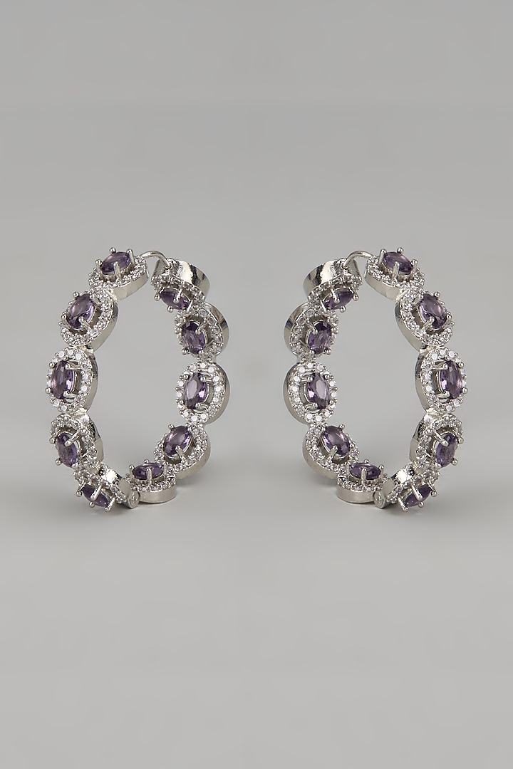 White Finish Zircon & Purple Stone Hoop Earrings by Studio6 Jewels