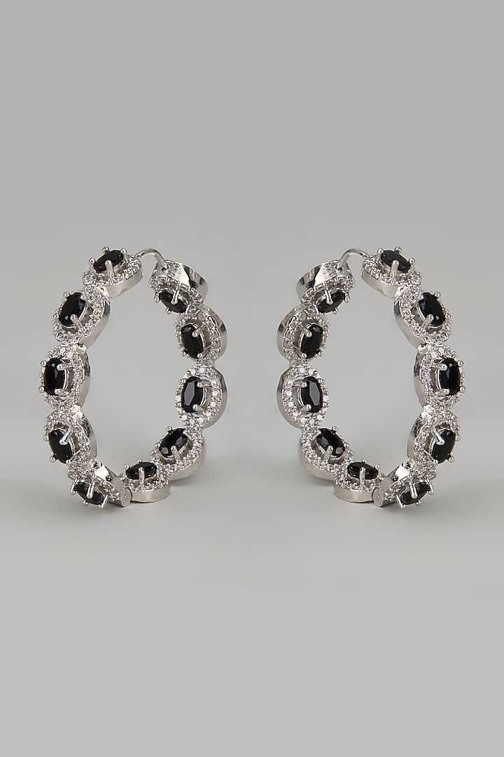 White Finish Zircon & Black Stone Hoop Earrings by Studio6 Jewels
