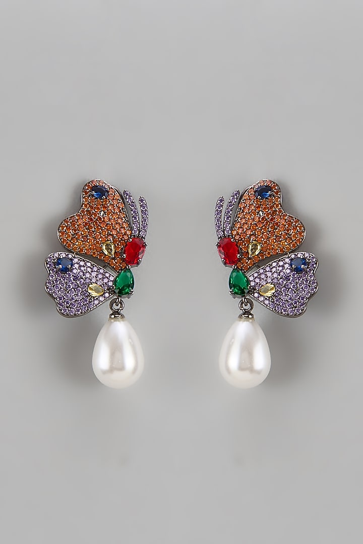 Black Rhodium Finish Zircon & Pearl Drop Dangler Earrings by Studio6 Jewels at Pernia's Pop Up Shop