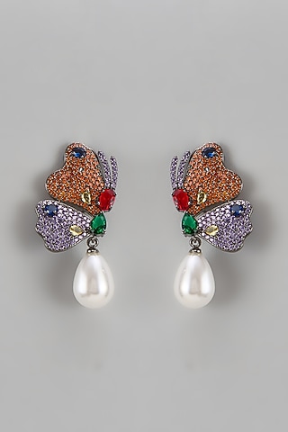 Black Rhodium Finish Zircon & Pearl Drop Dangler Earrings by Studio6 Jewels