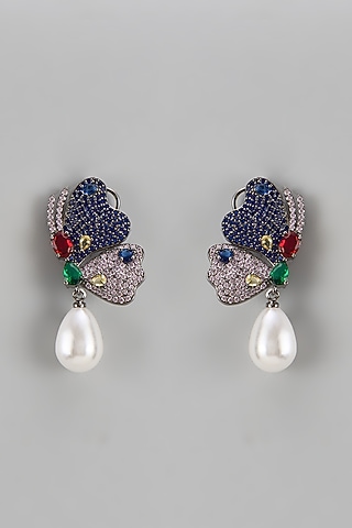 Black Rhodium Finish Zircon & Pearl Drop Dangler Earrings by Studio6 Jewels