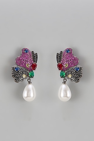 Black Rhodium Finish Zircon & Pearl Drop Dangler Earrings by Studio6 Jewels