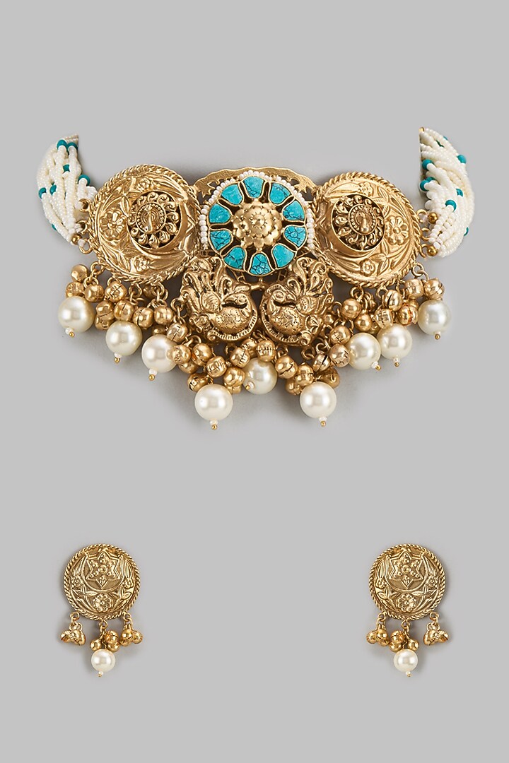 Gold Finish Turquoise Stone & Pearl Choker Necklace Set by Studio6 Jewels at Pernia's Pop Up Shop