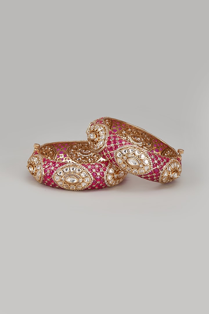 Gold Finish Kundan Polki Red Enameled Bangles (Set of 2) by Studio6 Jewels at Pernia's Pop Up Shop
