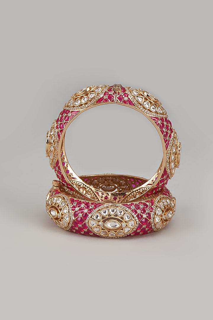 Gold Finish Kundan Polki Red Enameled Bangles (Set of 2) by Studio6 Jewels at Pernia's Pop Up Shop