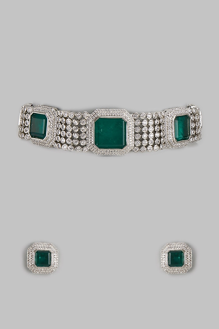 White Finish Zircon & Emerald Stone Choker Necklace Set by Studio6 Jewels at Pernia's Pop Up Shop